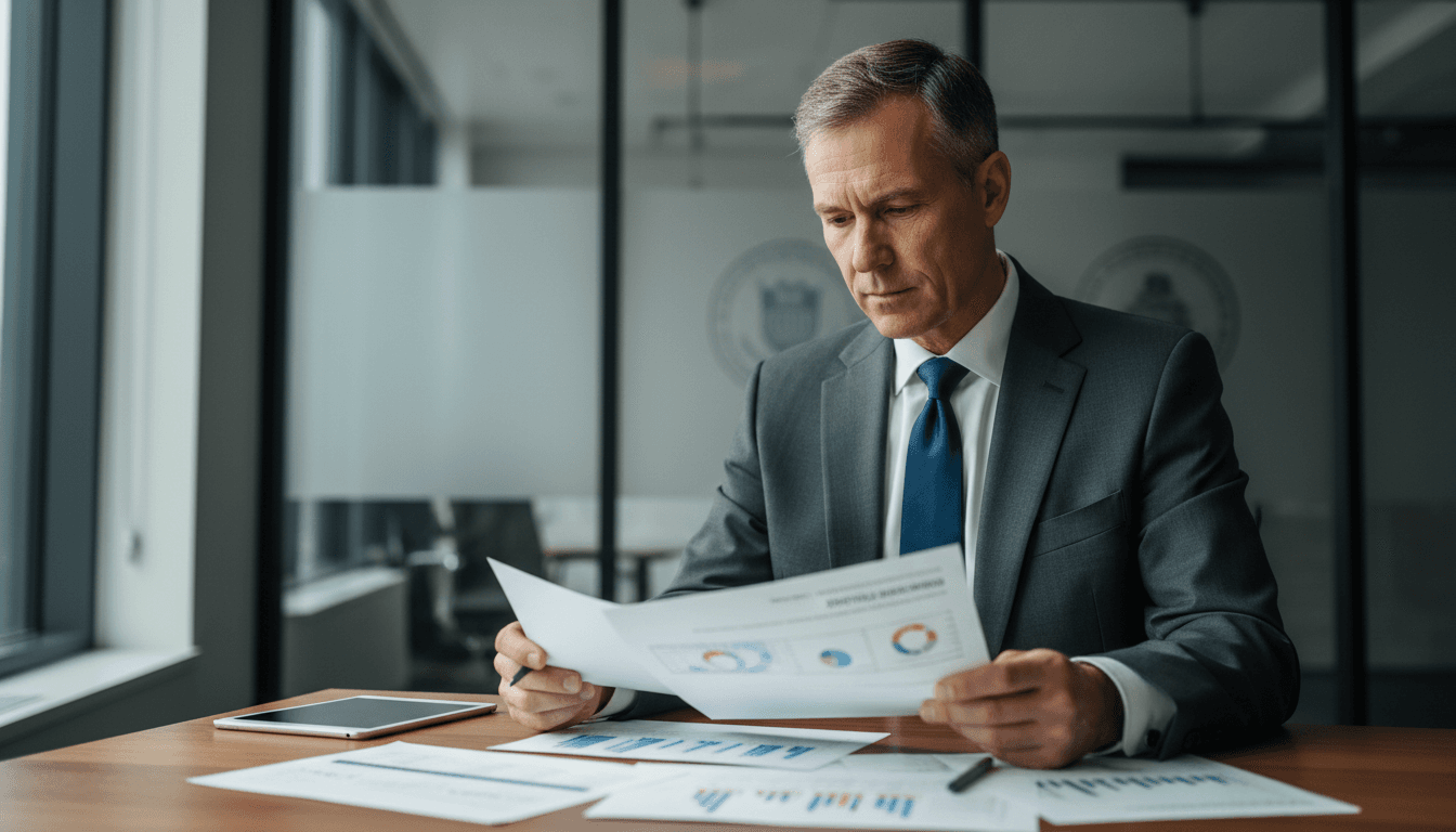 Executive reviewing strategic program documentation at a professional workspace