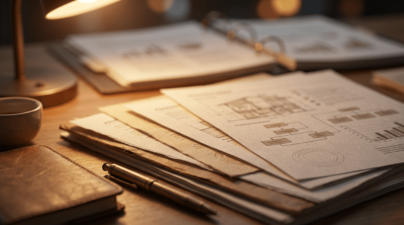 Strategic consultant reviewing defense program documentation and project timelines